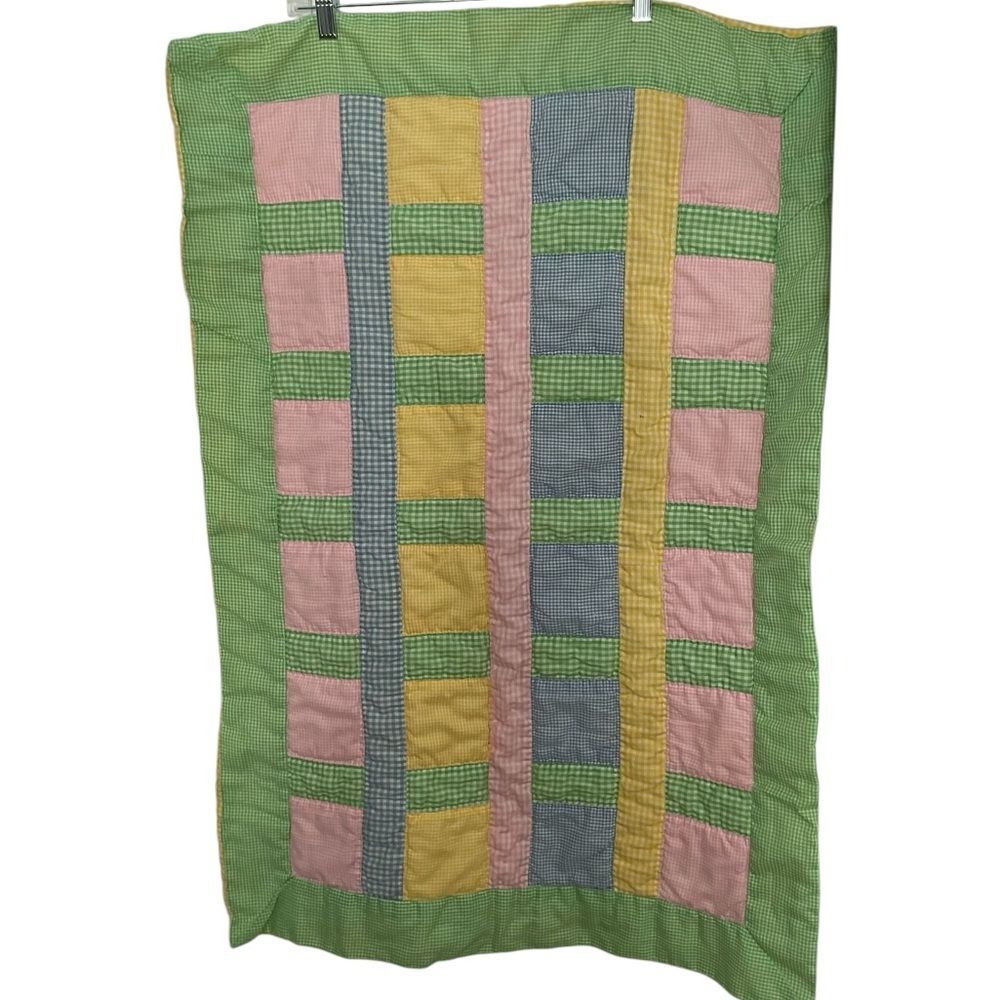 Handcrafted Pastel Gingham Print Block Design Quilted Baby Crib Blanket 38" x 26